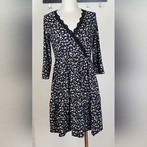 Floral Black Dress with Lace Trim, M